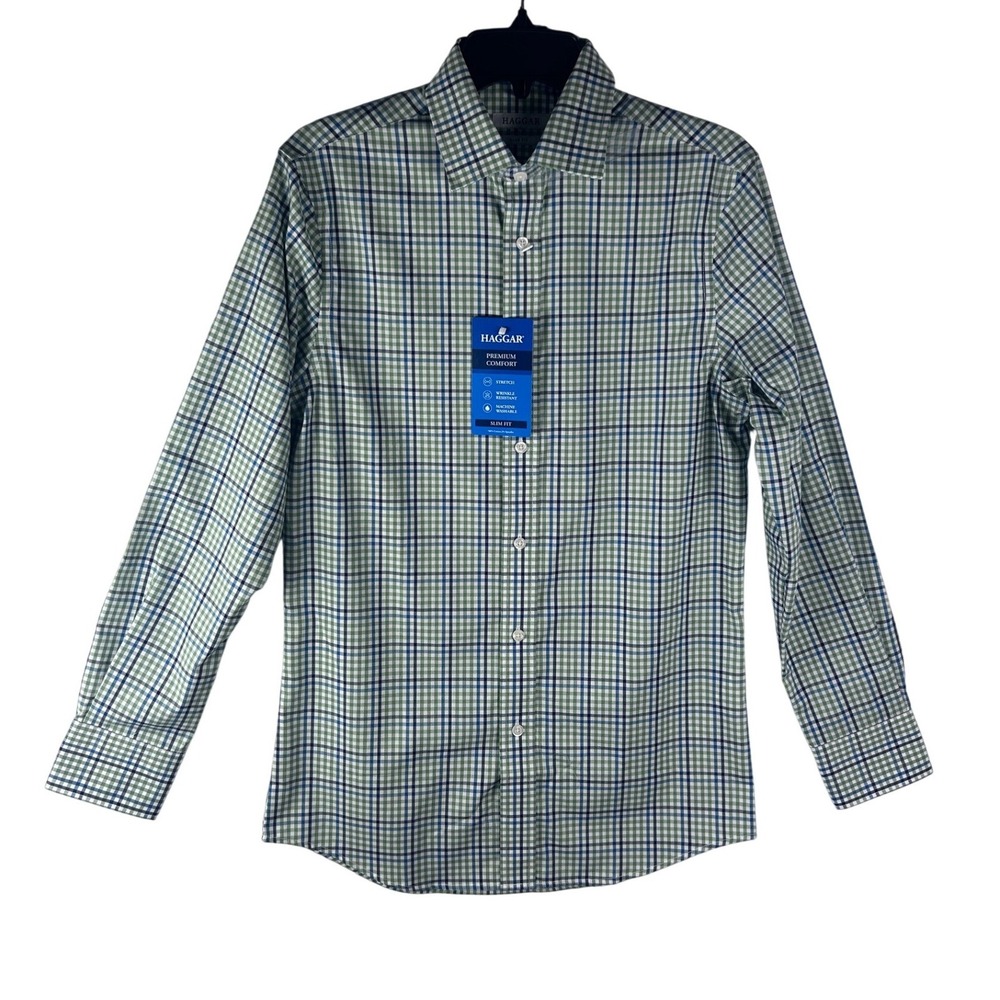 Haggar Dress Shirt Premium Comfort Slim Fit Men 14.5 32/33 Sage Blue Gingham NWT